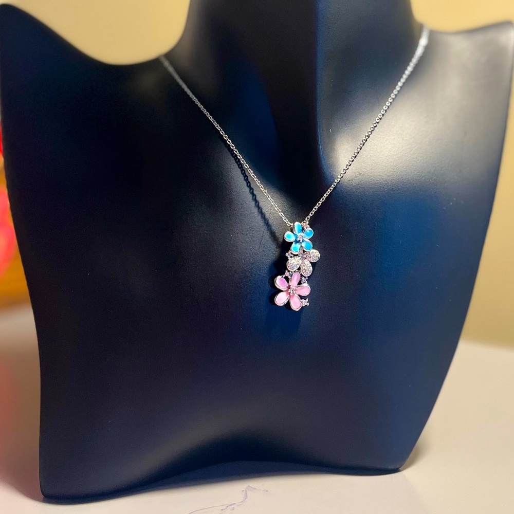 Whimsical Blue and Pink Flower Pendant Necklace - Picture 4 of 4